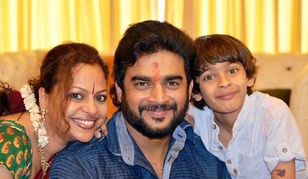 R. Madhavan with his wife and son
