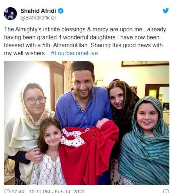 Shahid Afridi Tweetu0027s about his fifth daughter